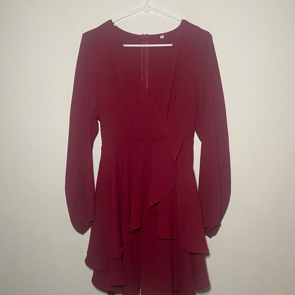 Amazon Women's Wine Red Long-Sleeve Ruffle Wrap Dress